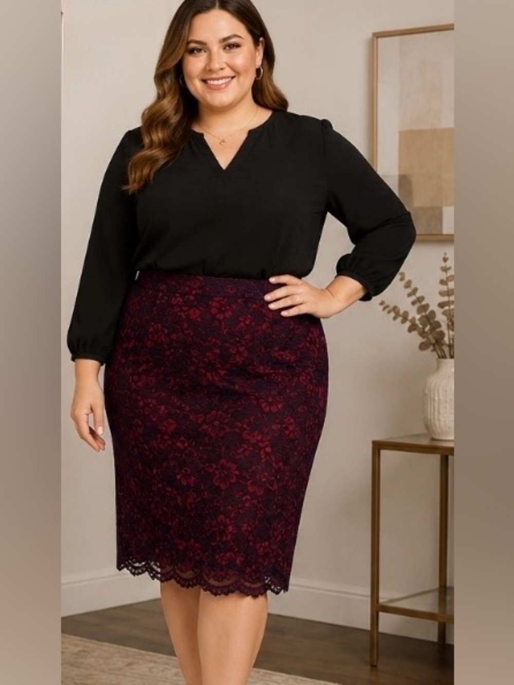 Reitmans Burgundy Floral Lace Pencil Skirt | Size 18 | Lined